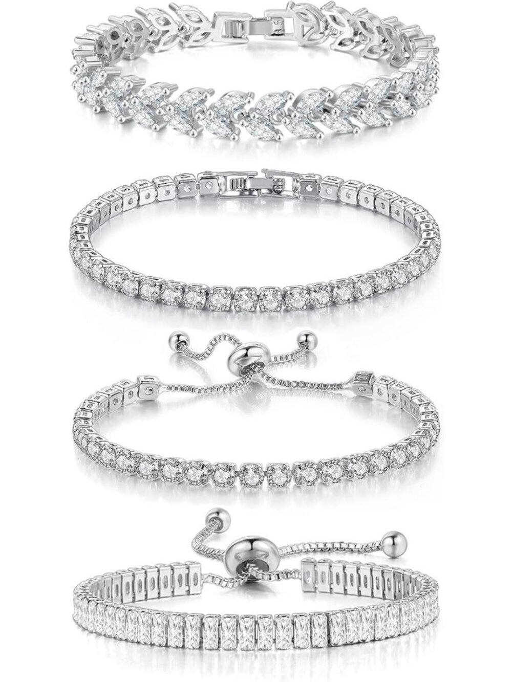 Dainty 4-Pc Silver Plated Tennis Bracelet Set with CZ Diamonds - Adjustable